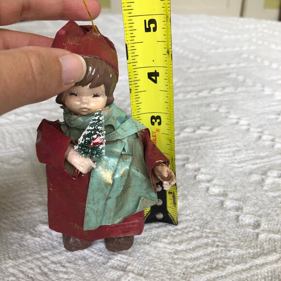 Vintage 1960s Paper Mache Caroler Girl Ornament w Bell & Bottle Brush Tree - Picture 9 of 9